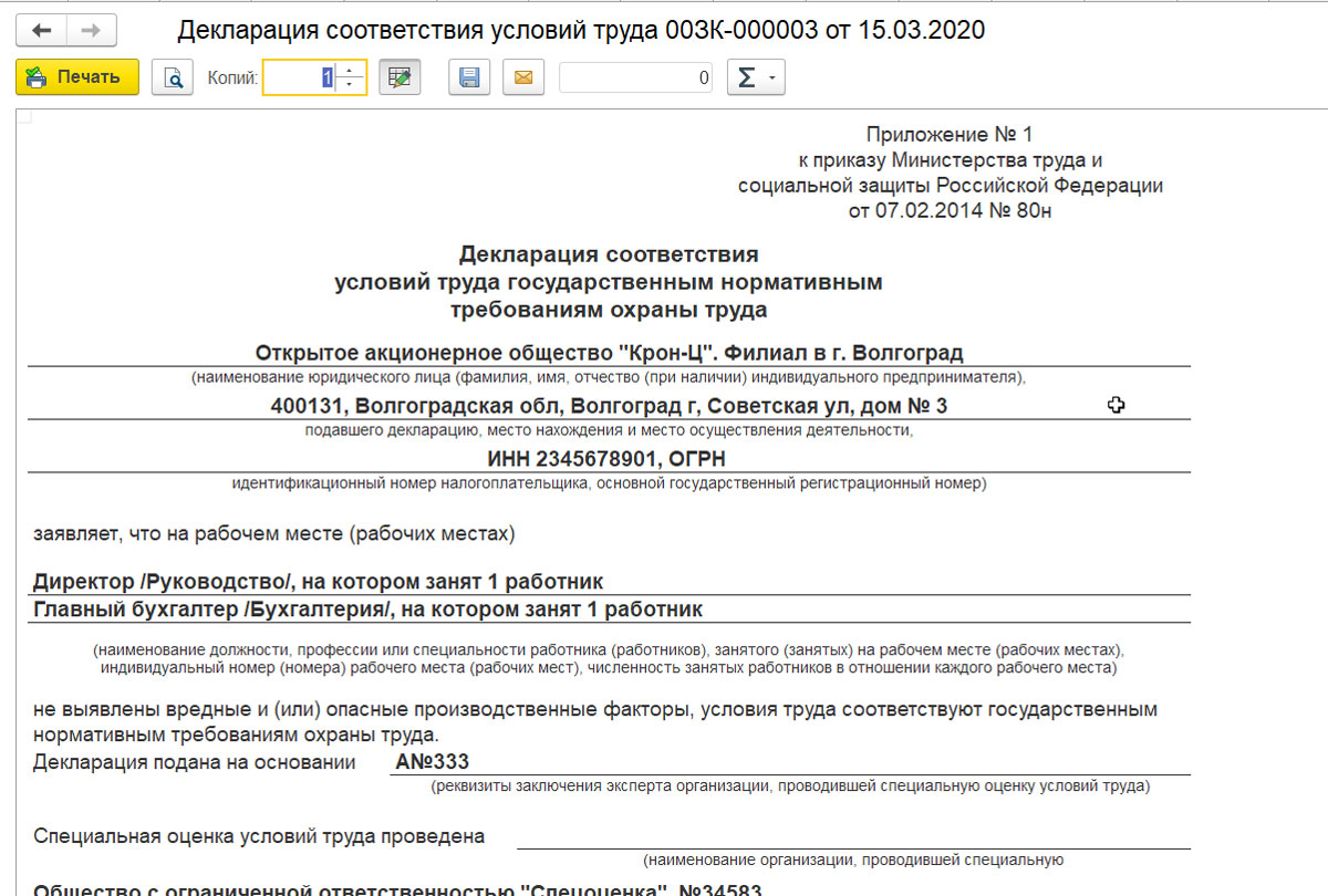 Заключение эксперта по результатам специальной оценки условий труда образец